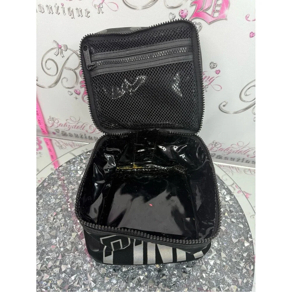 PINK Victoria's Secret makeup bag Black and Silver Polka Dot Cosmetic Pouch